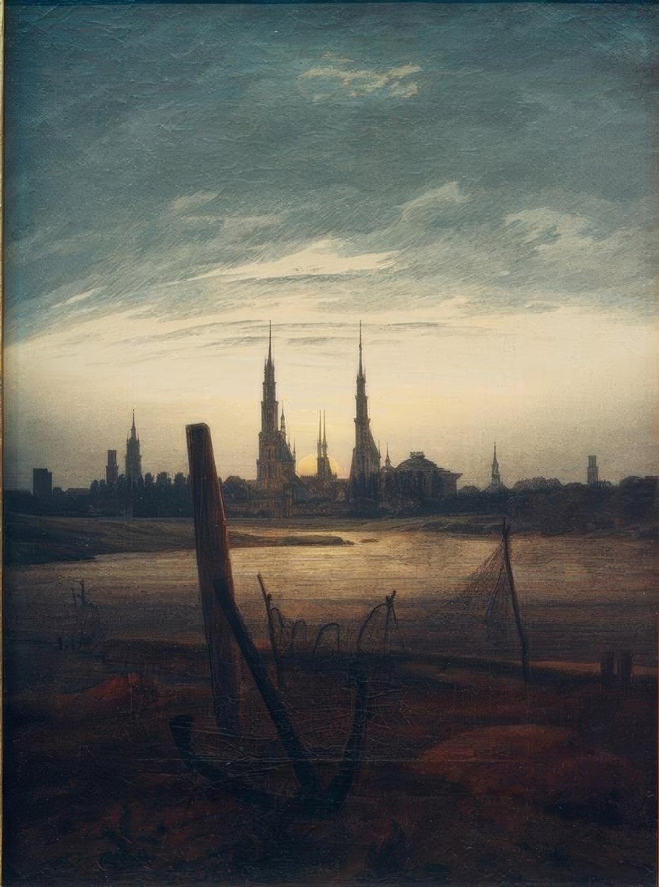 Stad bij maanopkomst door Caspar David Friedrich