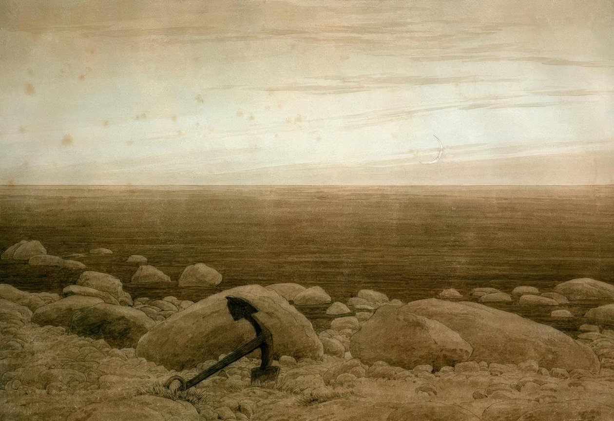 Rotsachtig strand met anker en maansikkel door Caspar David Friedrich