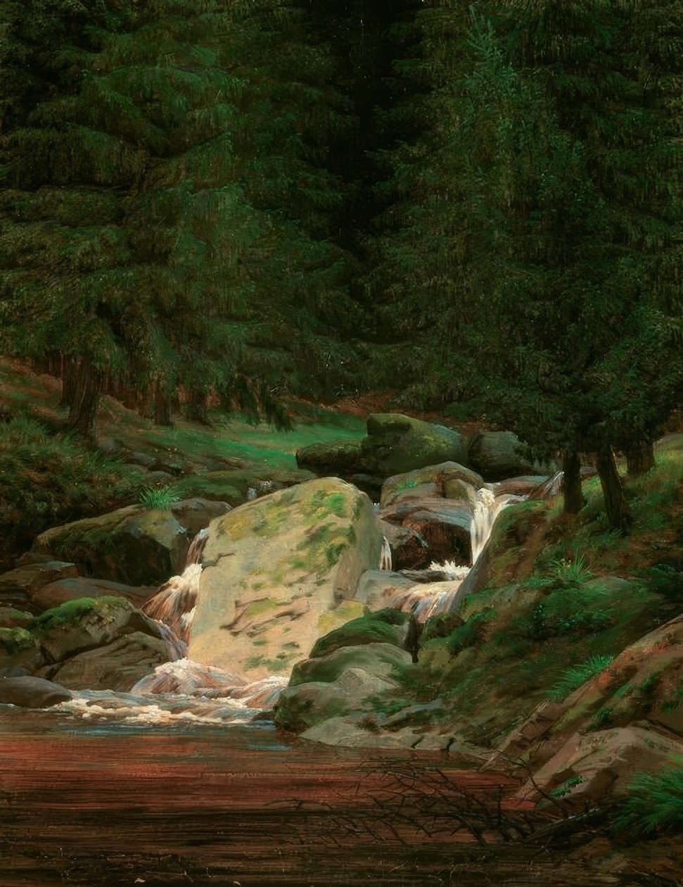 Dennengbos met waterval door Caspar David Friedrich