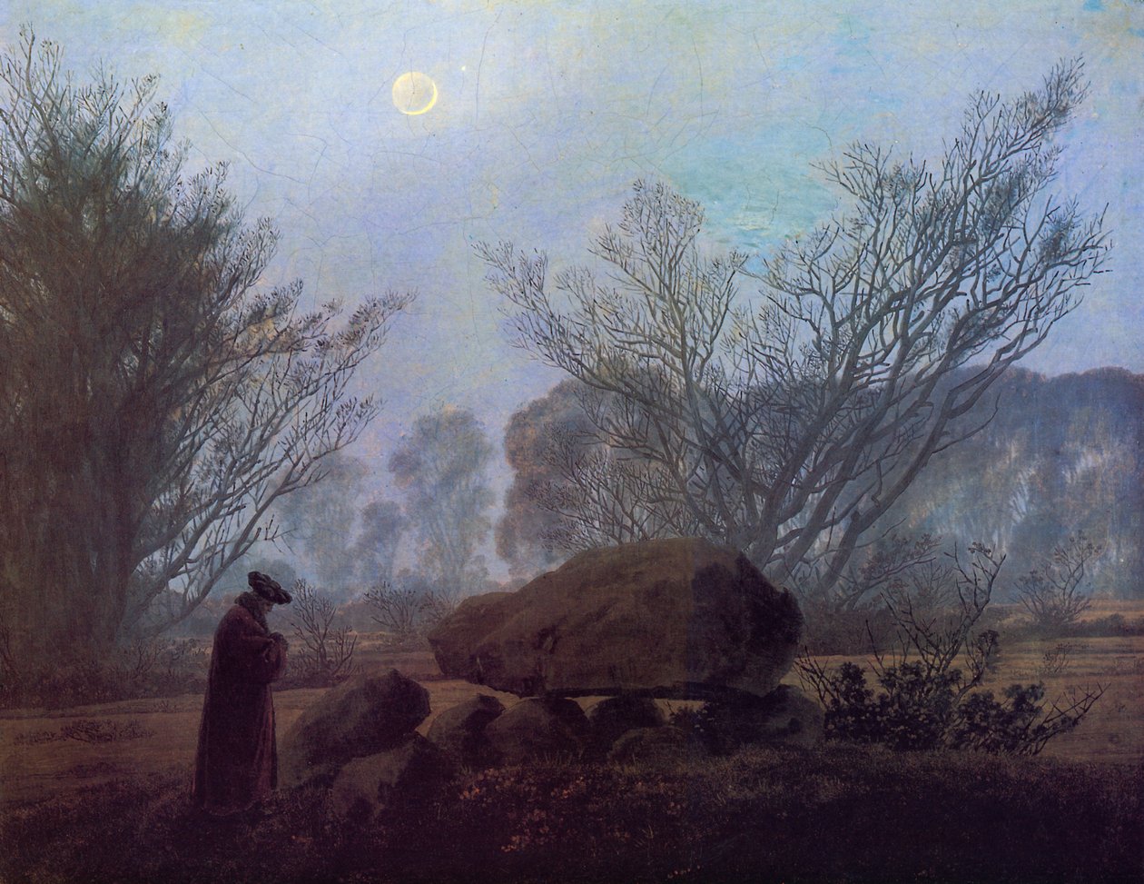 Wandeling bij schemering (Man die een megaliet overpeinst) door Caspar David Friedrich