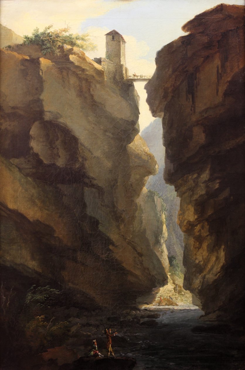 Brug en kloven van de Dala-rivier in Leukerbad, uitzicht richting de vallei door Caspar Wolf