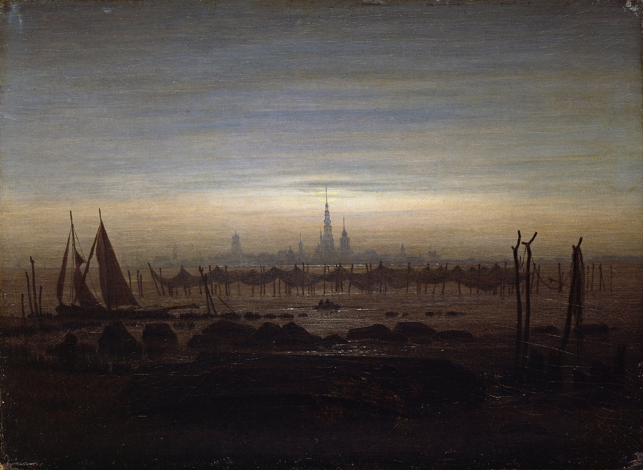 Greifswald in maanlicht door Caspar David Friedrich