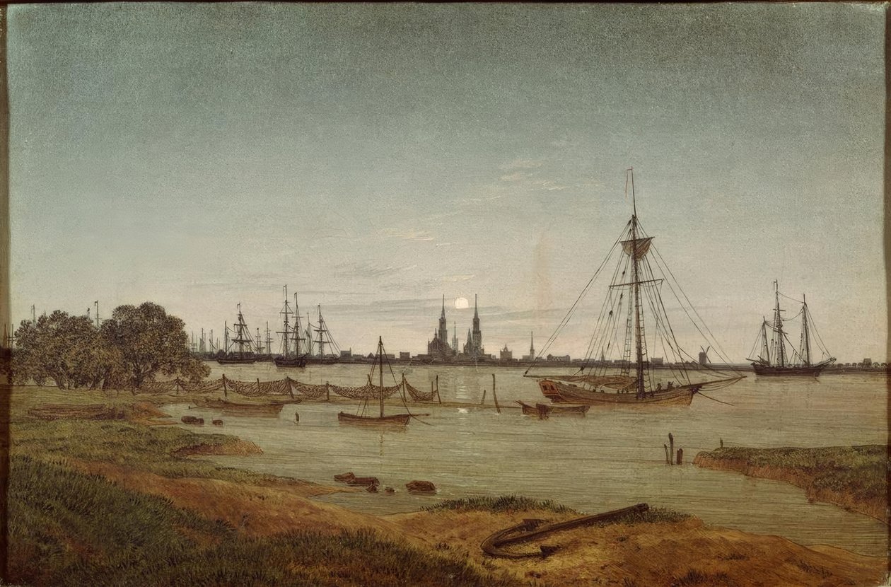 Haven bij maanlicht door Caspar David Friedrich