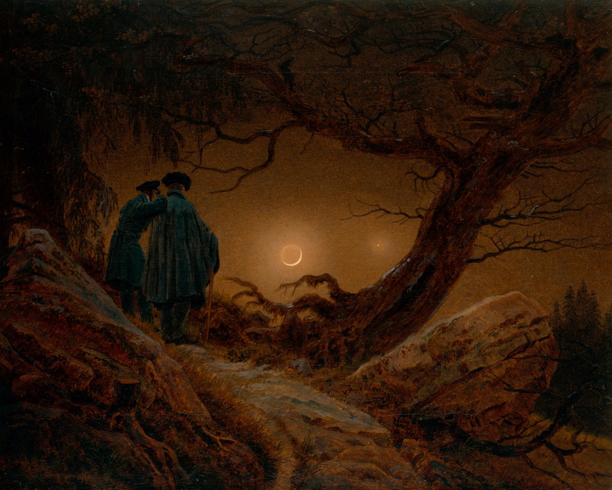Twee mannen die de maan overdenken door Caspar David Friedrich