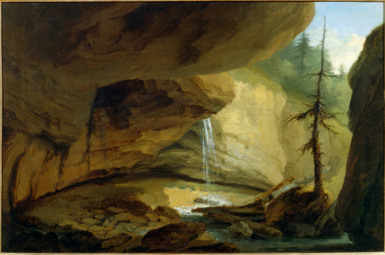 Rotsgrot met waterval door Caspar Wolf