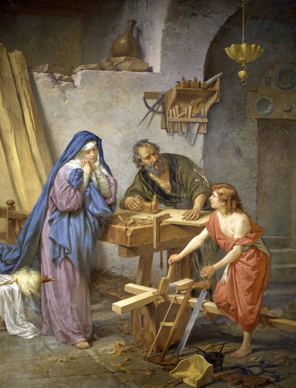 Jozef, Maria en Jezus in de timmerwerkplaats door Cesare Maccari