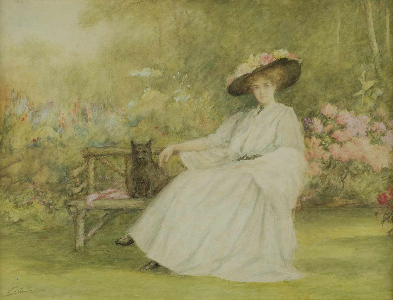 Dame en haar Hond bij Corsham Court, c.1914 door Charles A. Sellar