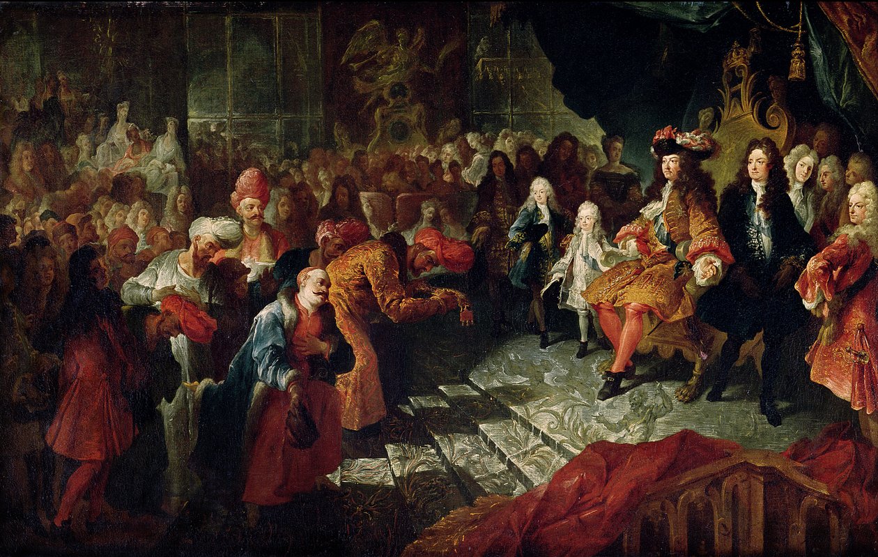 Lodewijk XIV ontvangt de Perzische Ambassadeur Mohammed Reza Beg in de Spiegelzaal van Versailles, 19 februari 1715 door Charles Antoine Coypel