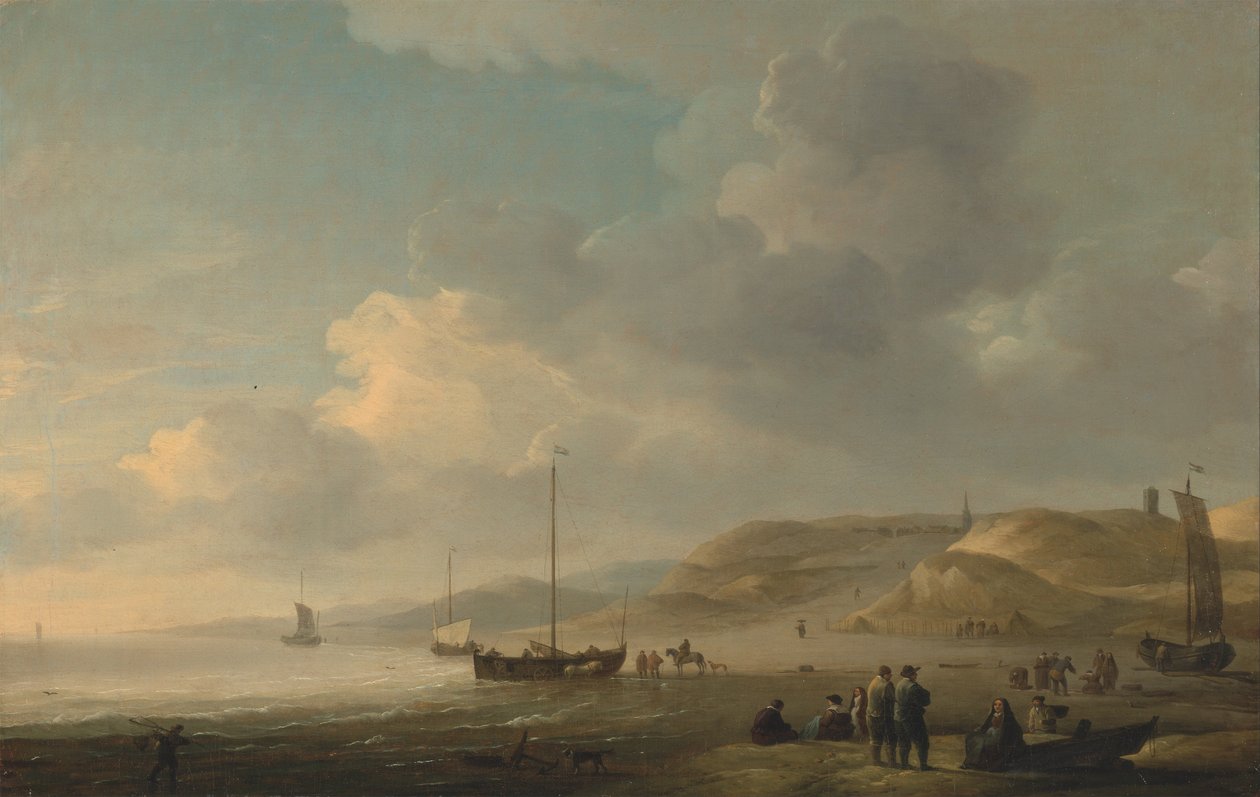 De kust bij Scheveningen met visserspink op het strand door Charles Brooking