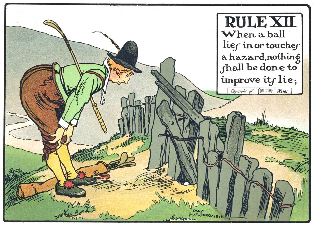 Regel XII: Wanneer een bal in of een hindernis raakt, mag er niets worden gedaan om de ligging te verbeteren, uit 
