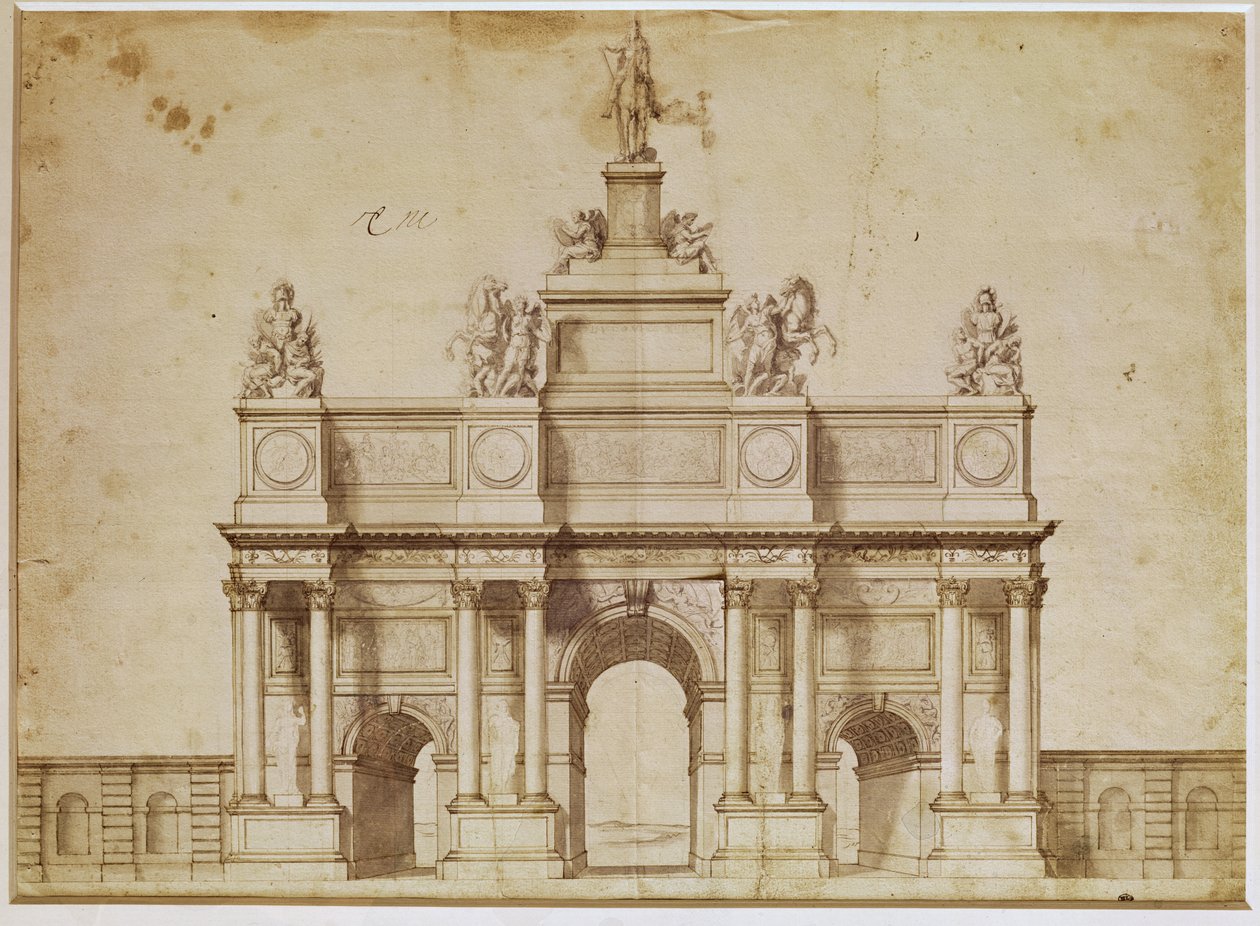 Voorstel voor de Arc de Triomphe, rue Saint-Antoine, Parijs, c.1668 (pen en bruine inkt op papier) door Charles Le Brun