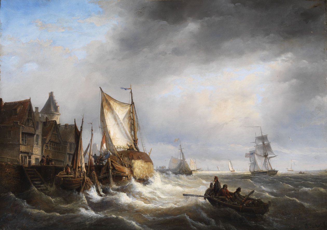 Haveningang bij stormachtige zee door Charles Henri Joseph Leickert