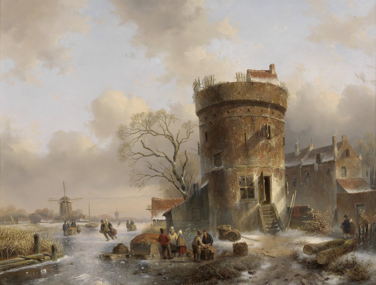 Winterlandschap met figuren op een bevroren rivier bij een toren door Charles Henri Joseph Leickert