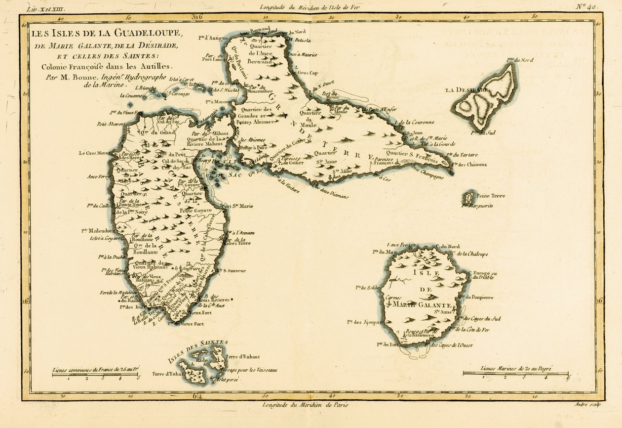 De Eilanden van Guadeloupe, Marie-Galante, La Desirade, en de Isles des Saintes, Franse koloniën in de Antillen, uit 