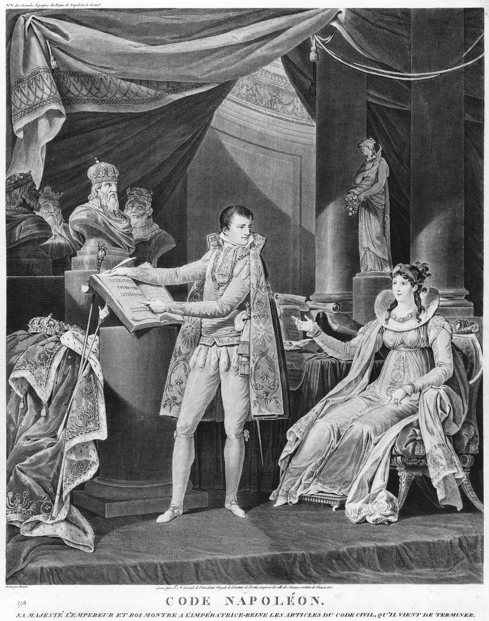 Zijne Majesteit de Keizer en Koning Napoleon I toont de Keizerin-Koningin Marie-Louise de artikelen uit het Burgerlijk Wetboek die hij net had voltooid, 1804 door Charles Monnet