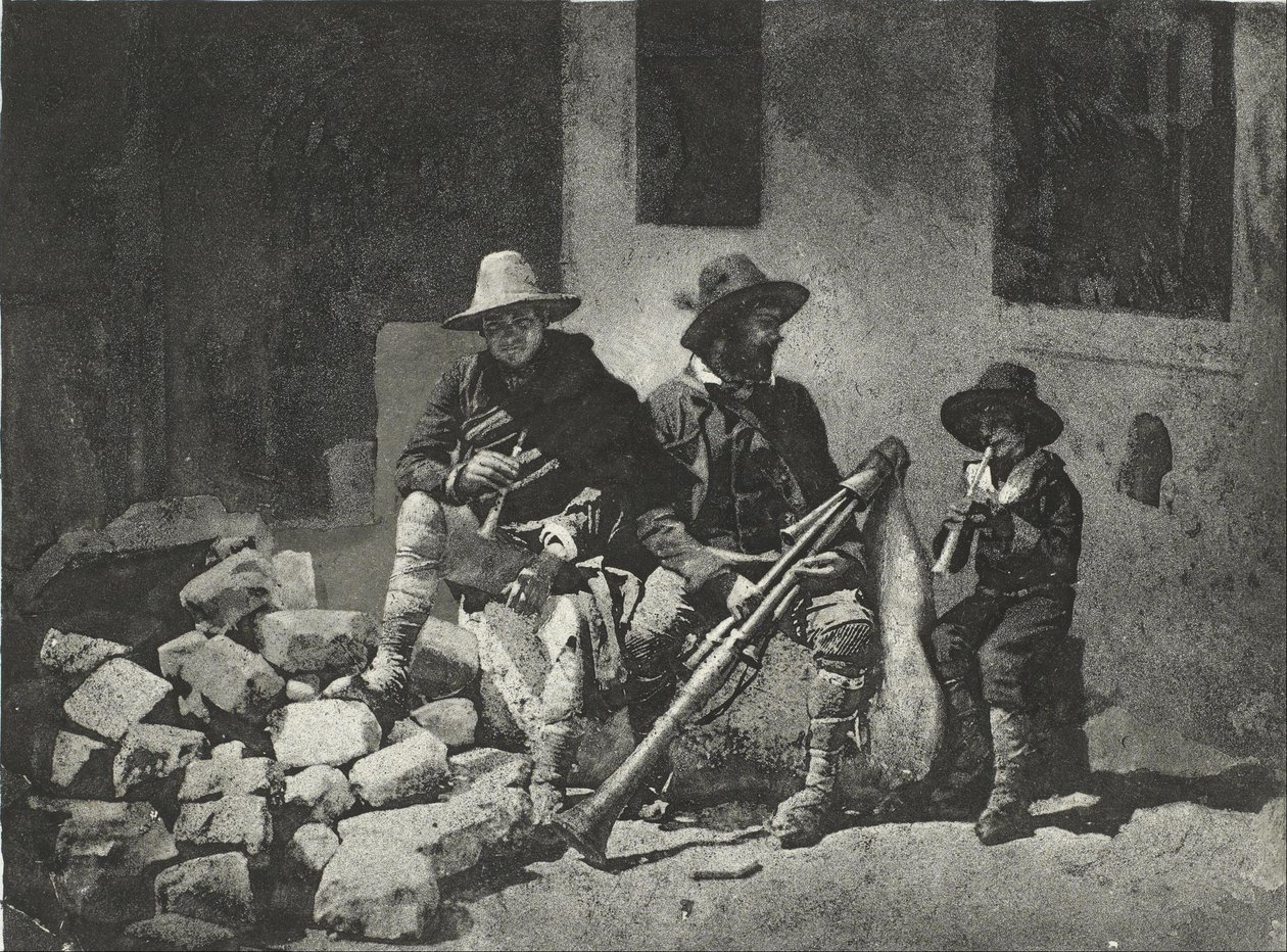 Zittende Pifferari, Italiaanse straatmuzikanten (in de binnenplaats, 21 Quai de Bourbon) door Charles Nègre