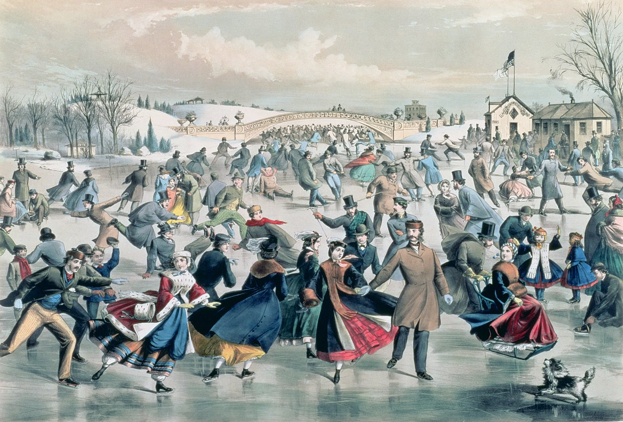 De schaatsvijver, gepubliceerd door Currier en Ives, New York, 1862 door Charles Parsons