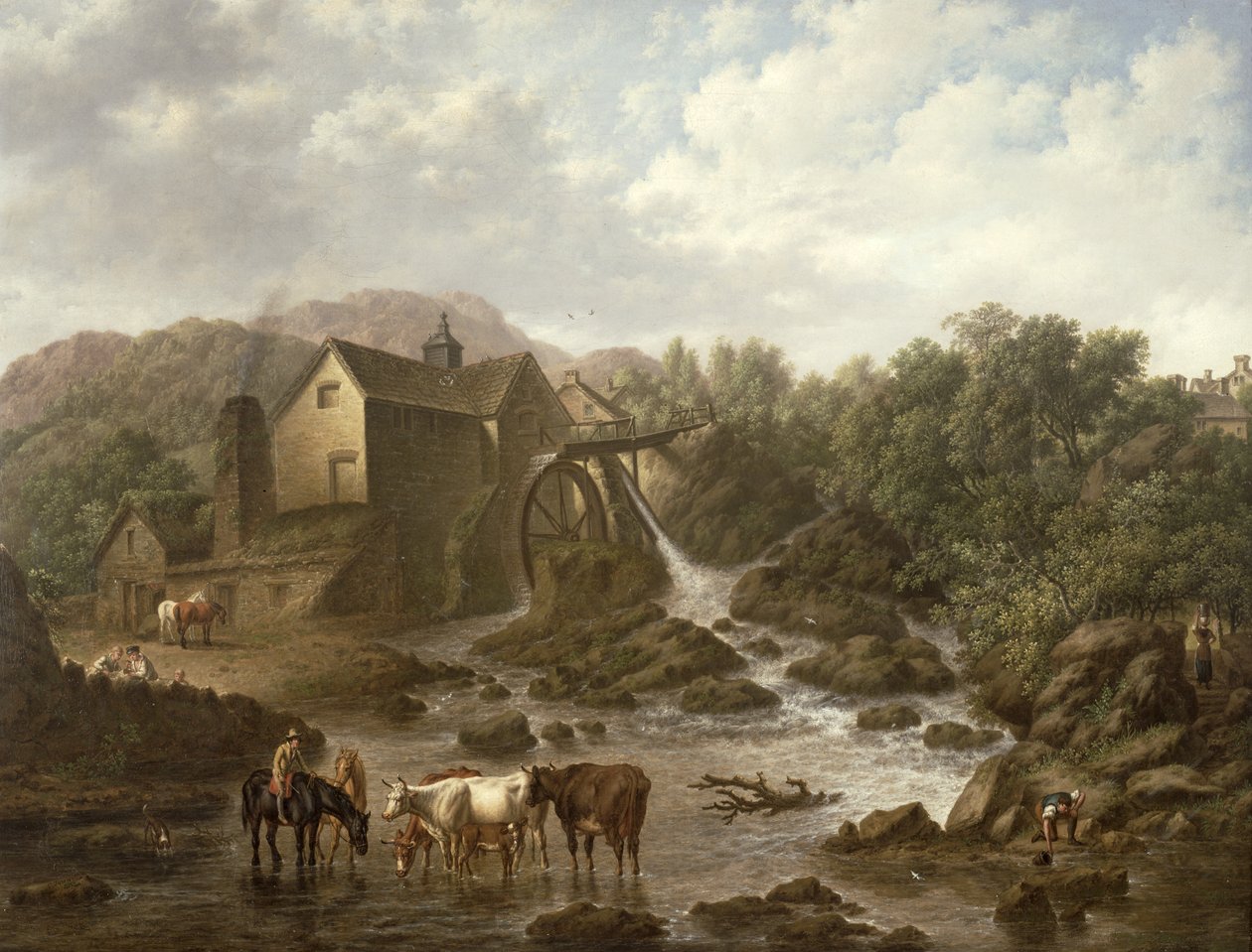 Rivierscène met bovenslagmolen, 1833 door Charles Towne
