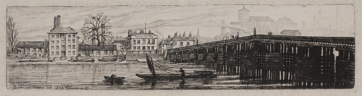 Uitzicht op Battersea Bridge vanaf de Middlesex oever, 1874 door Charles William Sherborn
