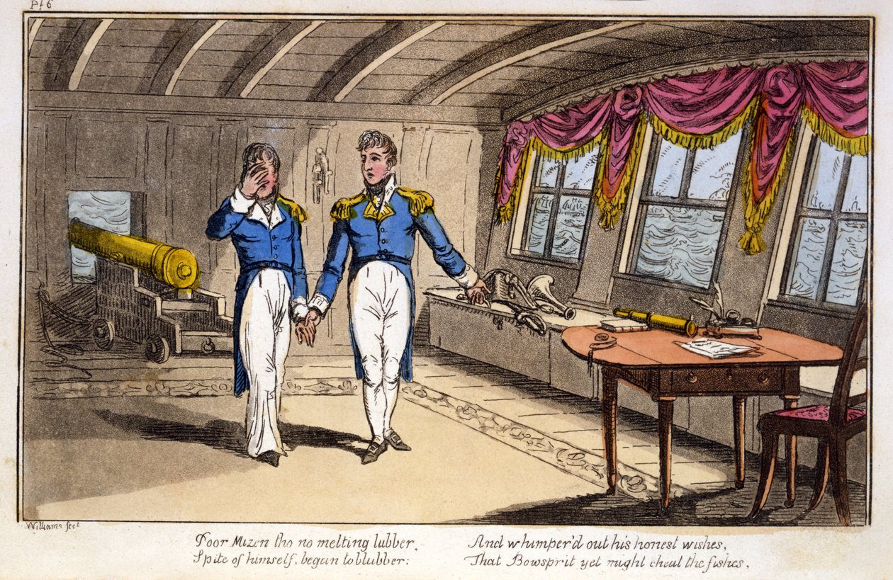 Arme Mizen, hoewel geen smeltende landrot ... uit De Avonturen van een Postkapitein, door een Marineofficier, pub. 1820 door Charles Williams