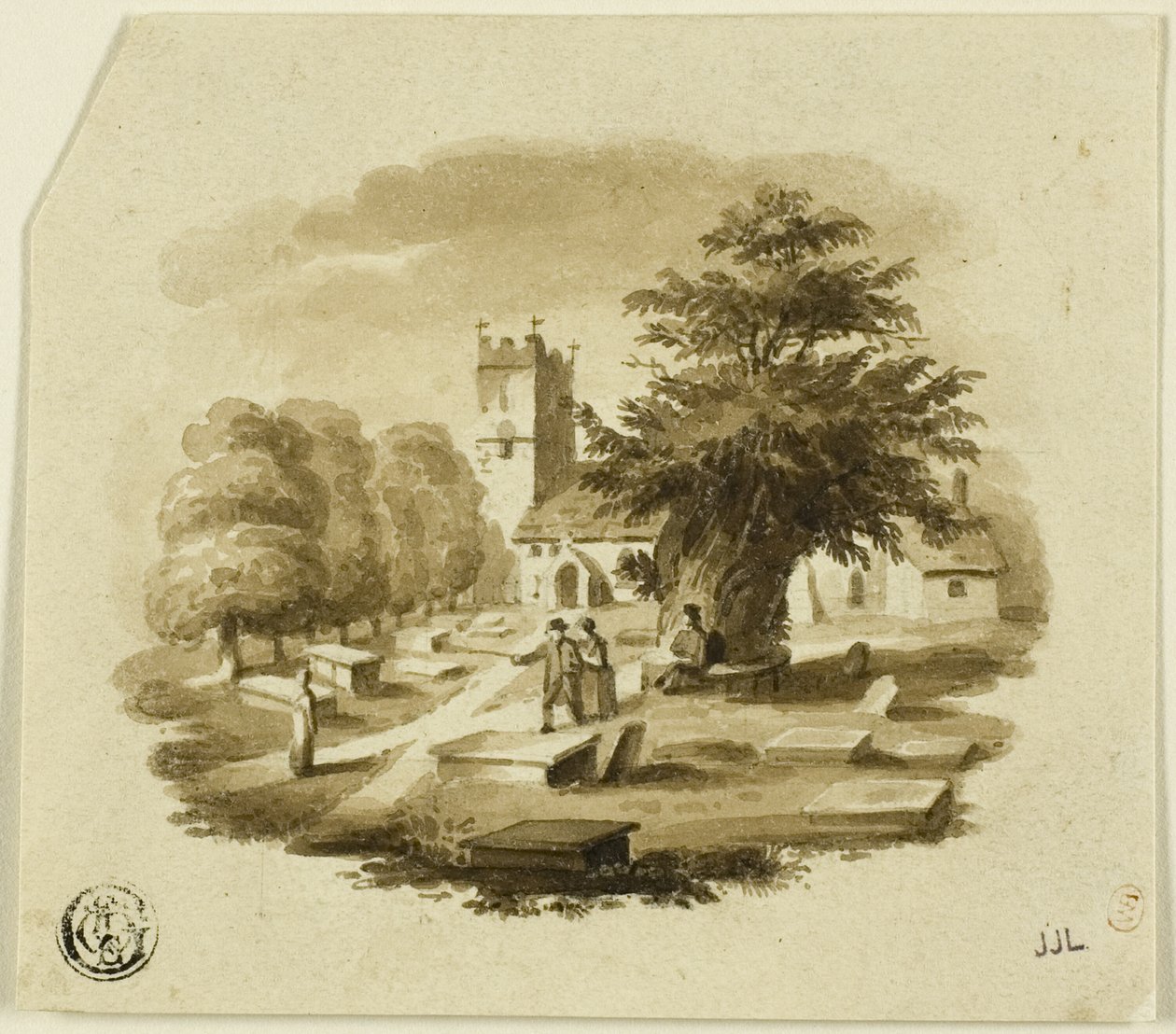 Figuren op een begraafplaats nabij een kerk door Charles Alfred Stothard