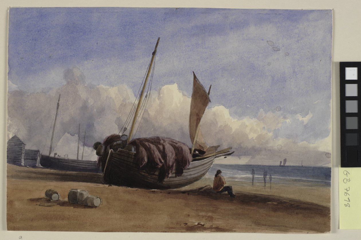 Gestrand vissersboot met zittende visser door Charles Bentley