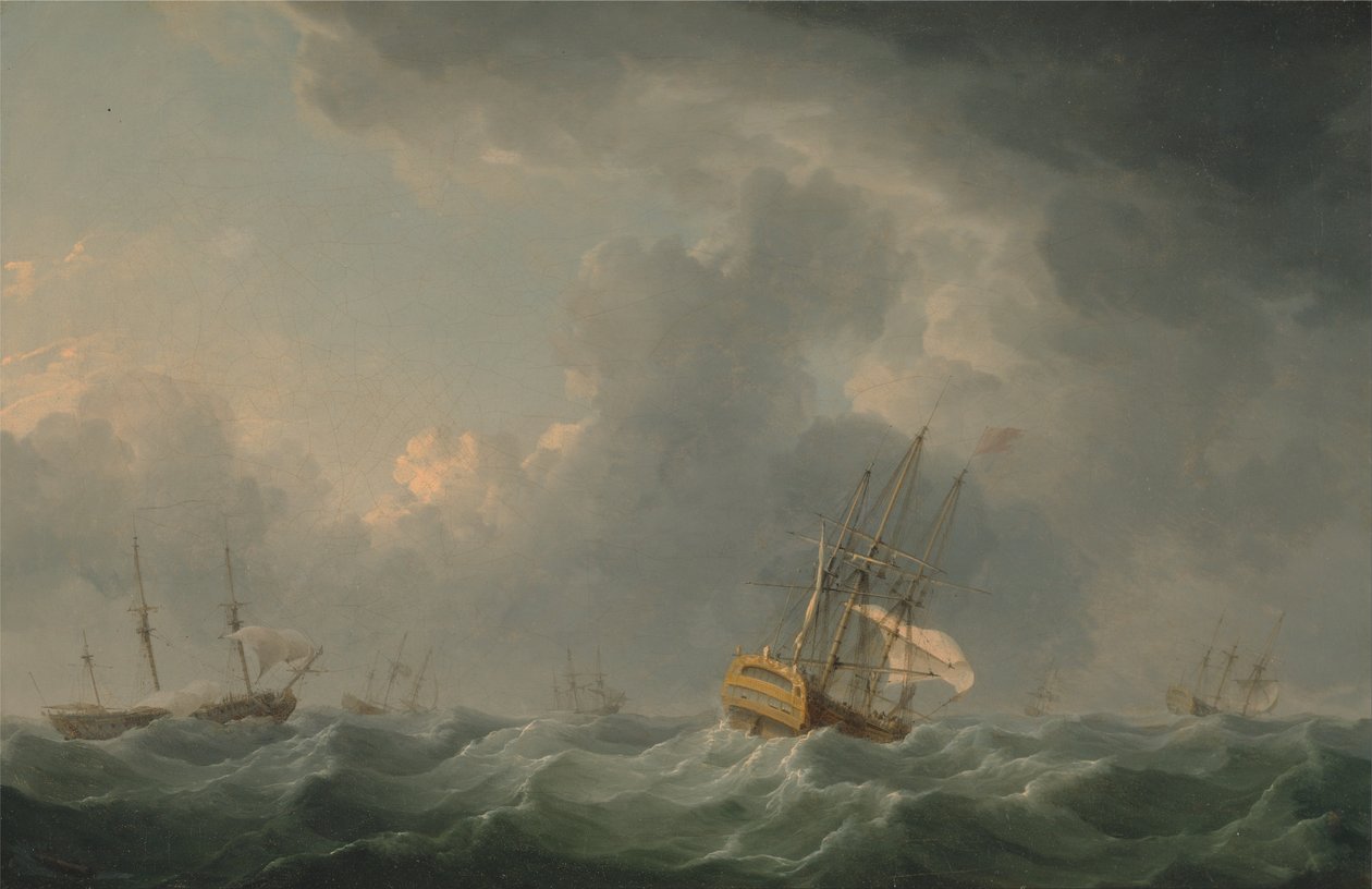 Engelse schepen varen voor een storm door Charles Brooking