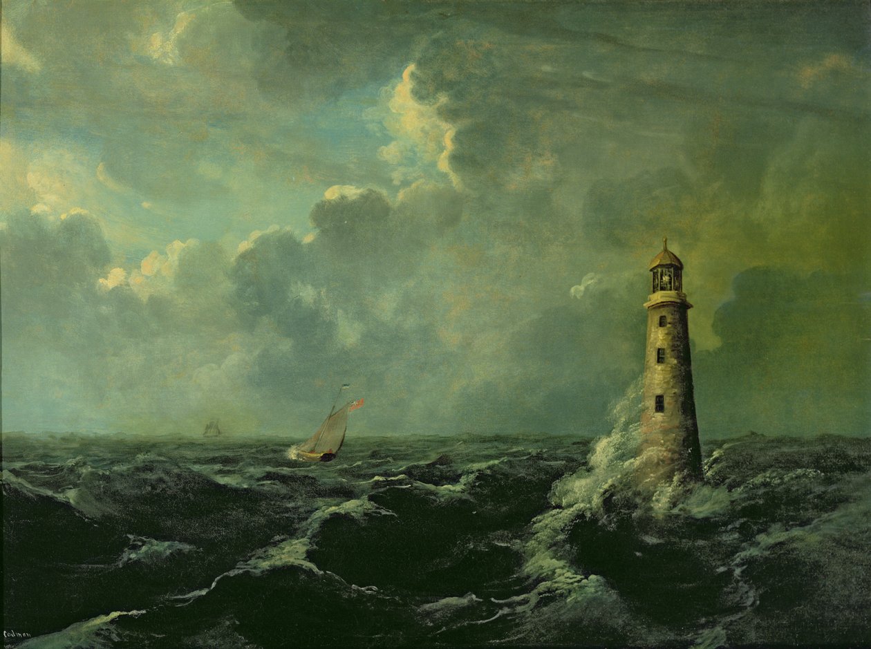 Zeegezicht met vuurtoren door Charles Codman