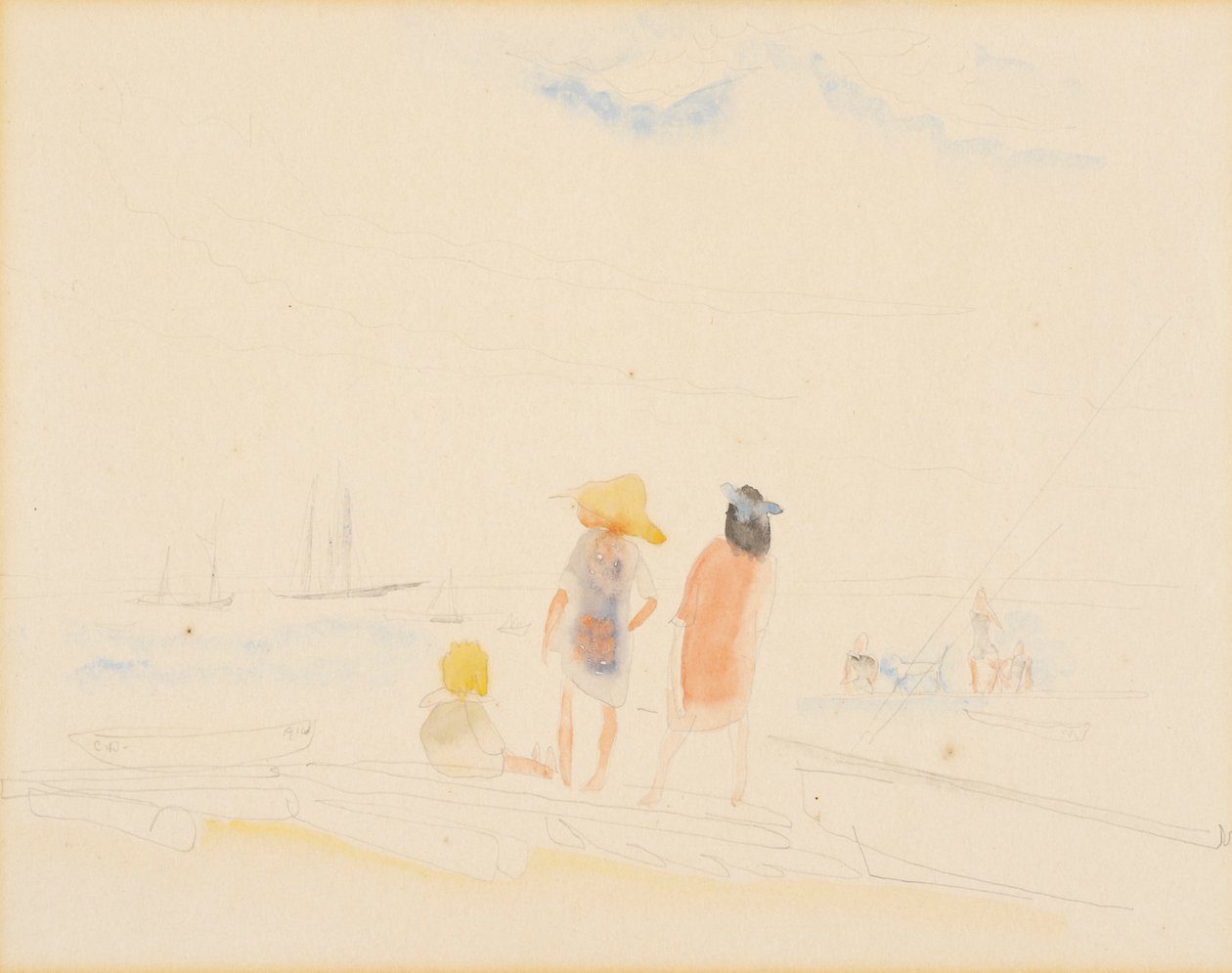 Twee vrouwen en kind op strand door Charles Demuth