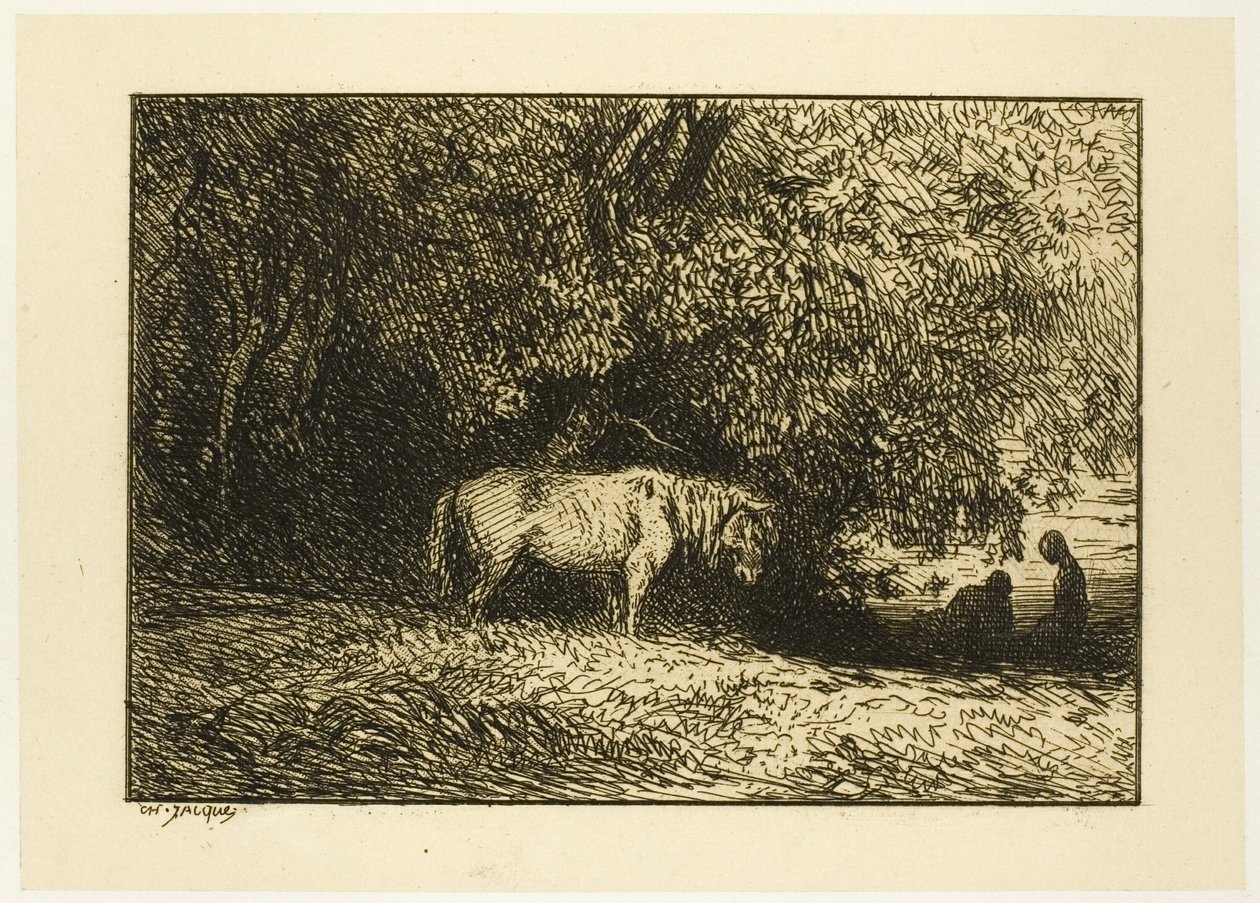 Paard in een bos door Charles Emile Jacque