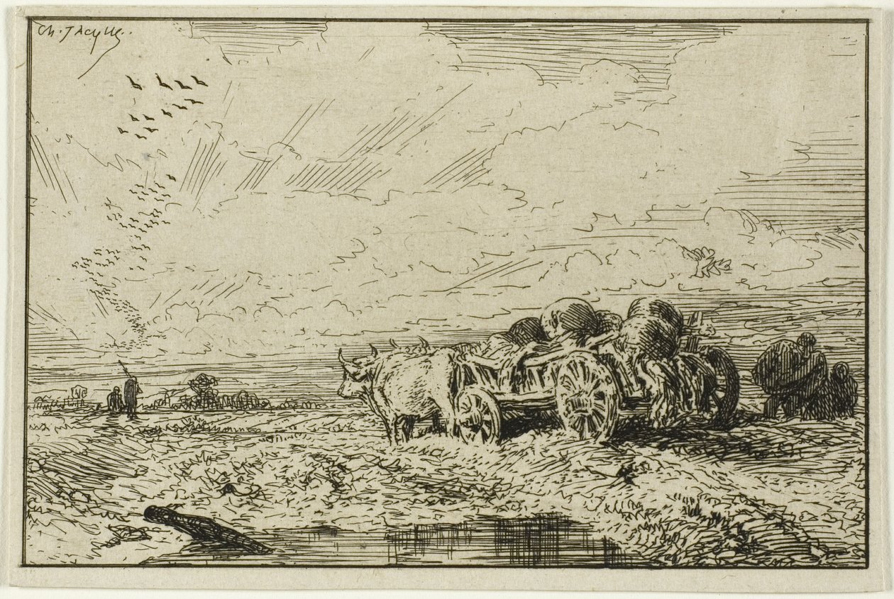 Landschap met door ossen getrokken wagen door Charles Emile Jacque