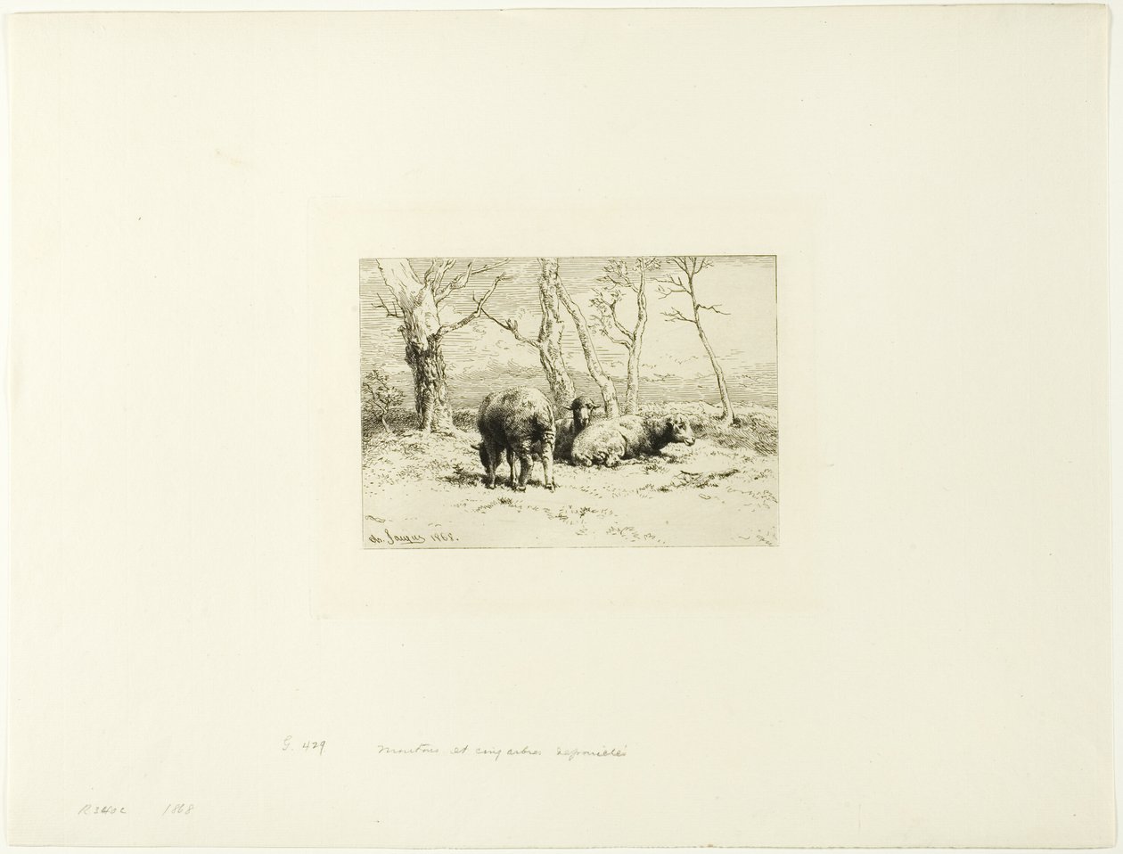 Schapen en Vijf Bomen door Charles Emile Jacque