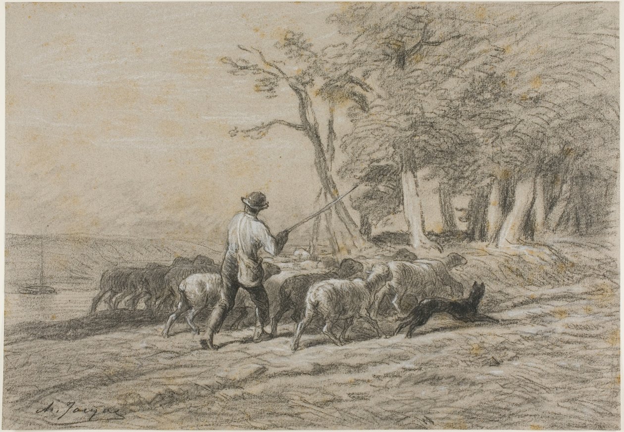 Herder en zijn kudde door Charles Emile Jacque