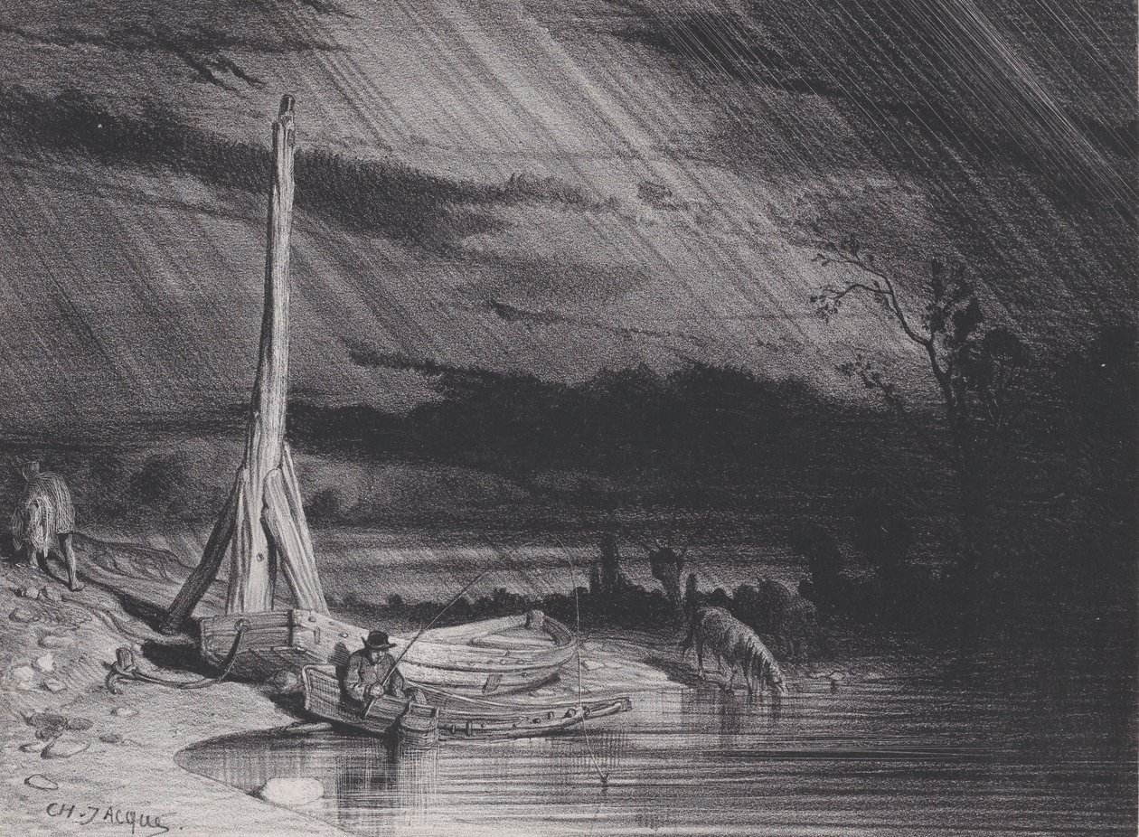 De visser, regenachtig weer, ca. 1853 door Charles Emile Jacque