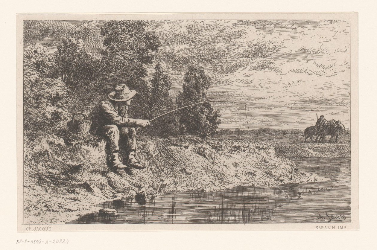 Visser aan het water door Charles Emile Jacque
