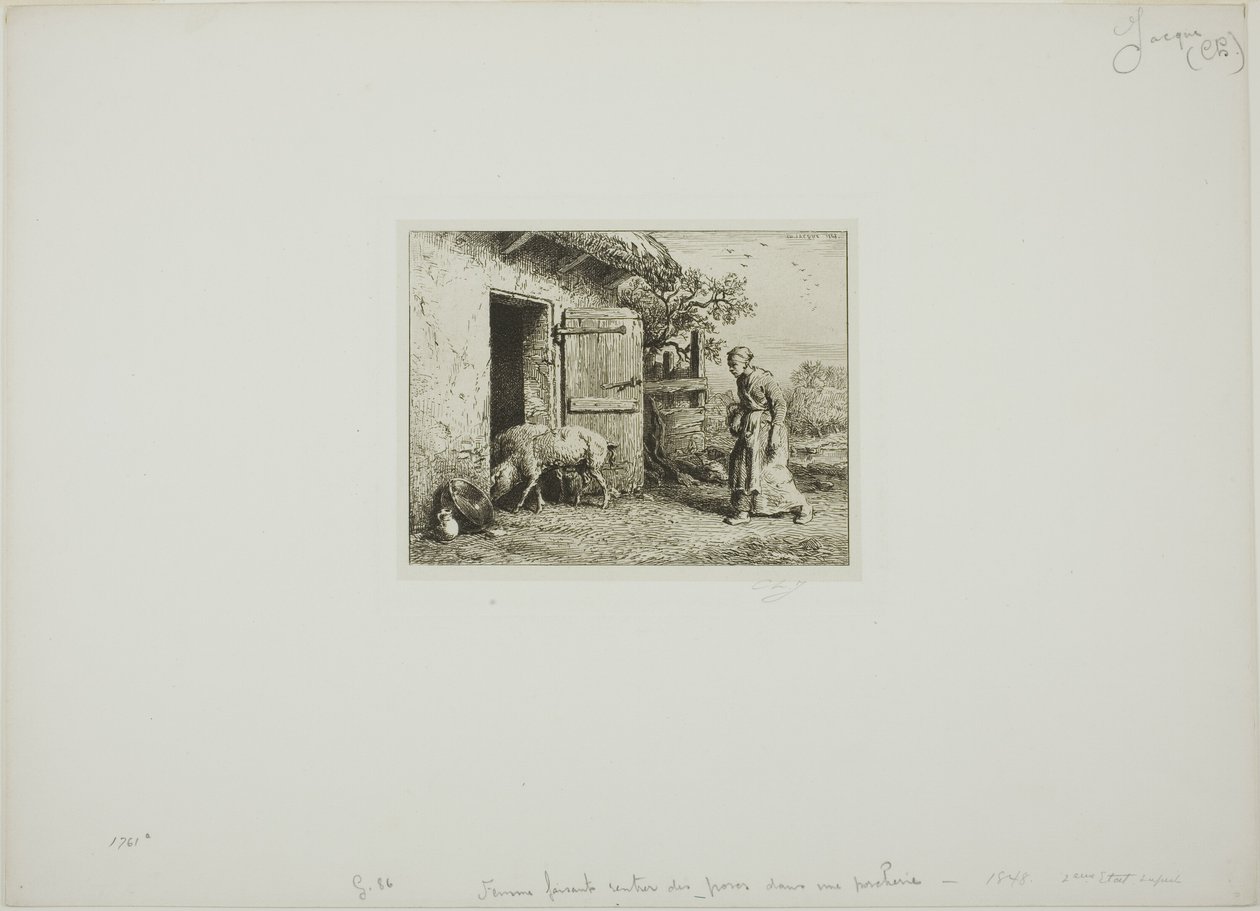 Vrouw die haar Varkens Thuisbrengt door Charles Emile Jacque