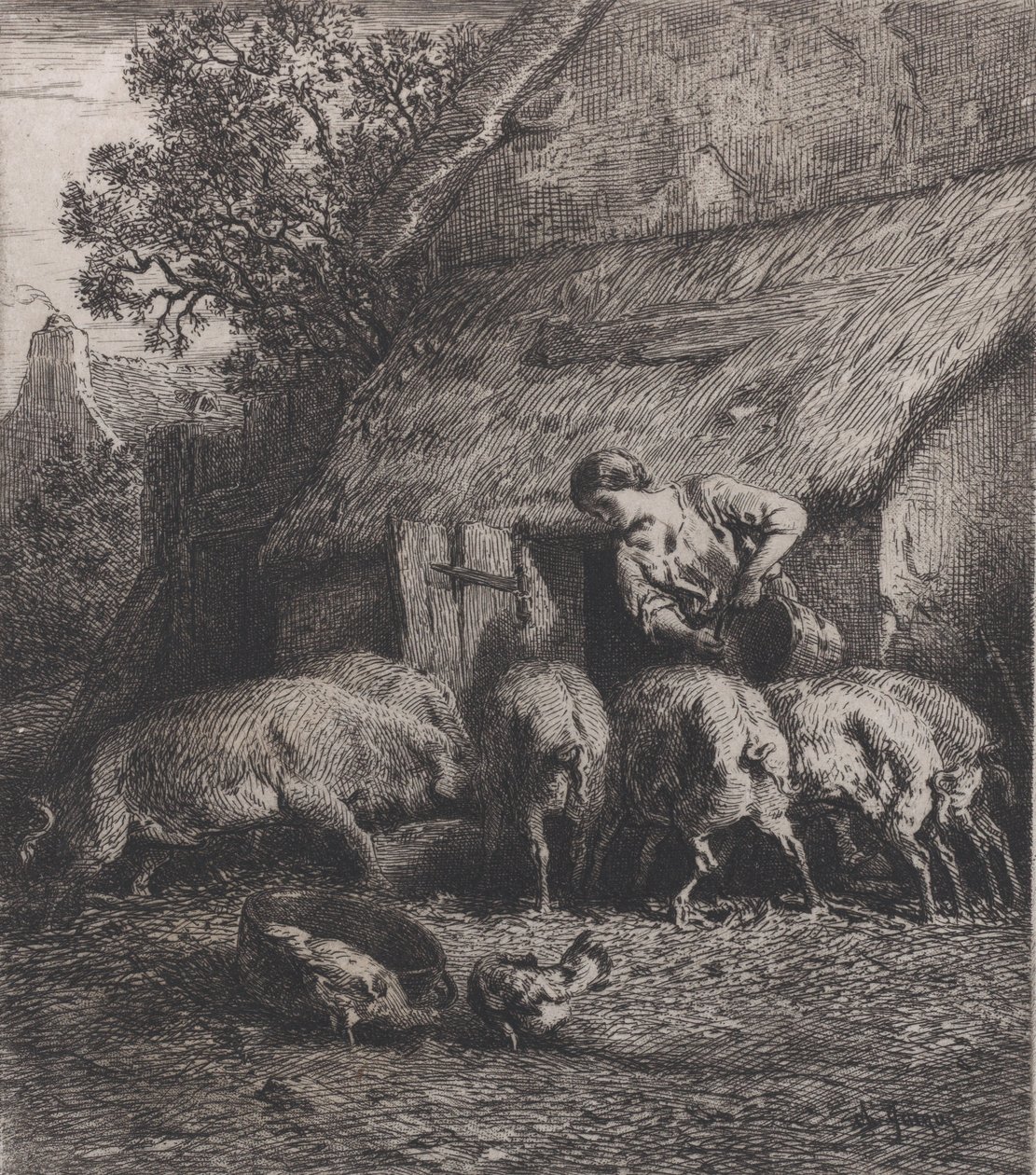 Vrouw die Varkens Voert, 1850 door Charles Emile Jacque