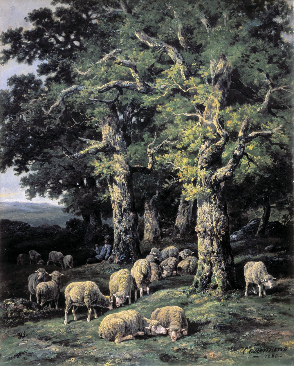 Schapen in het bos door Charles Ferdinand Ceramano