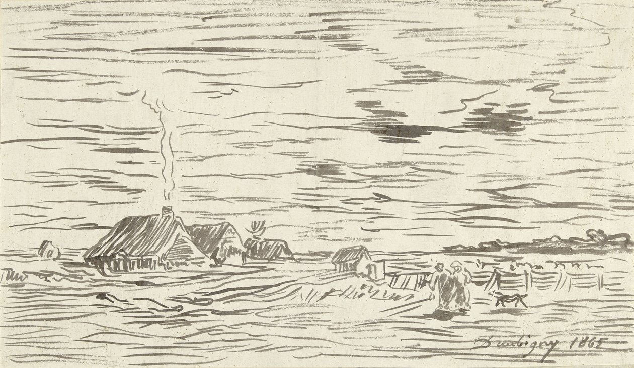 Boerenhuizen in vlak land door Charles Francois Daubigny