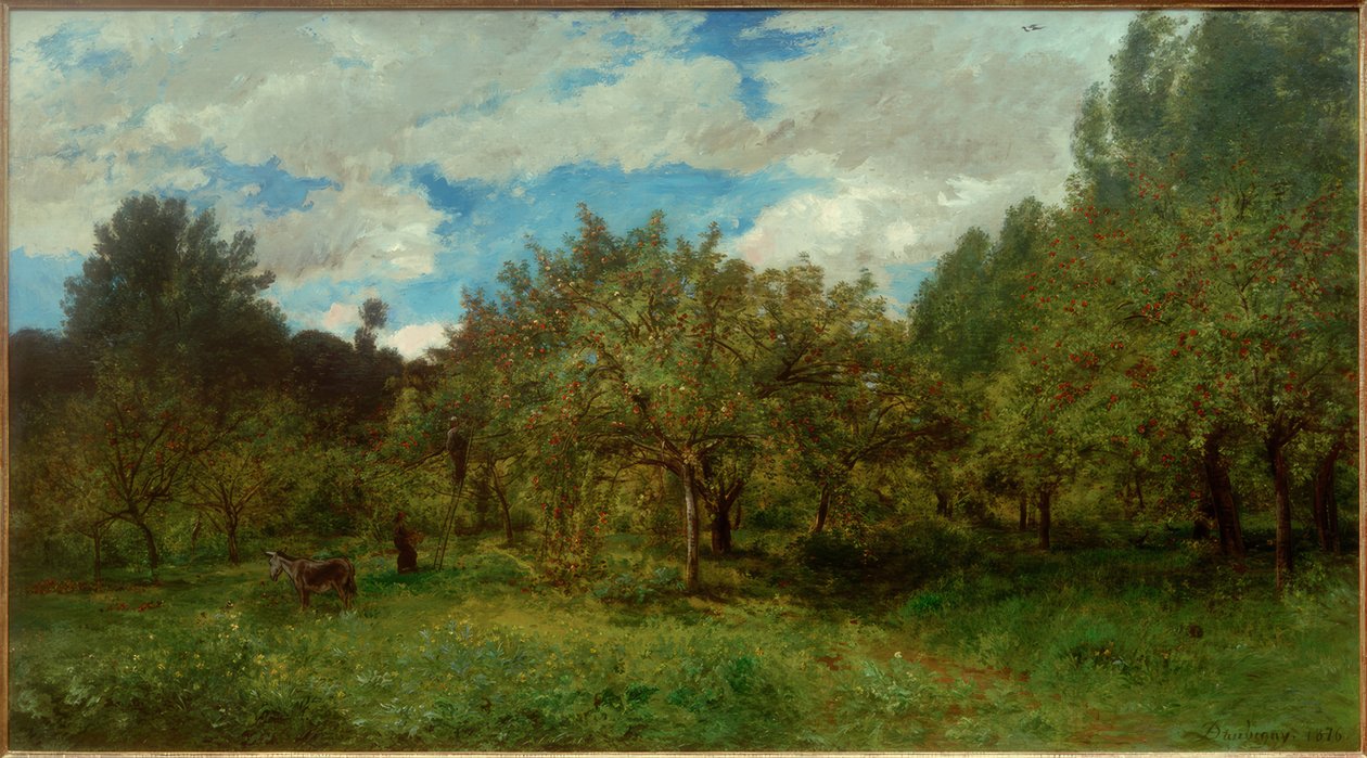 C. F. Daubigny, Franse boomgaard tijdens de oogsttijd door Charles Francois Daubigny