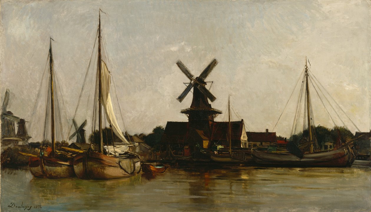 Molens in Dordrecht door Charles Francois Daubigny