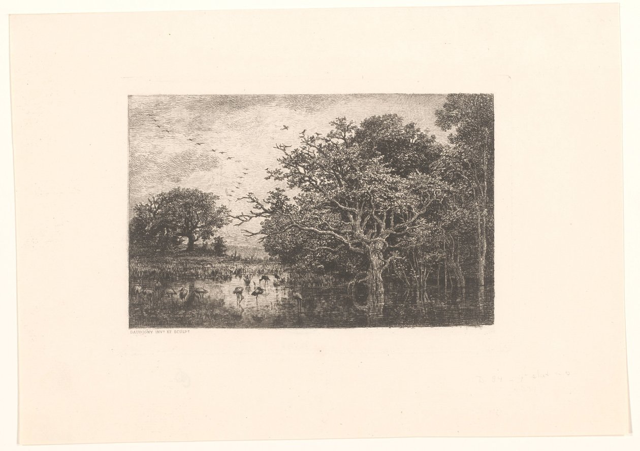 Moeras met ooievaars door Charles Francois Daubigny