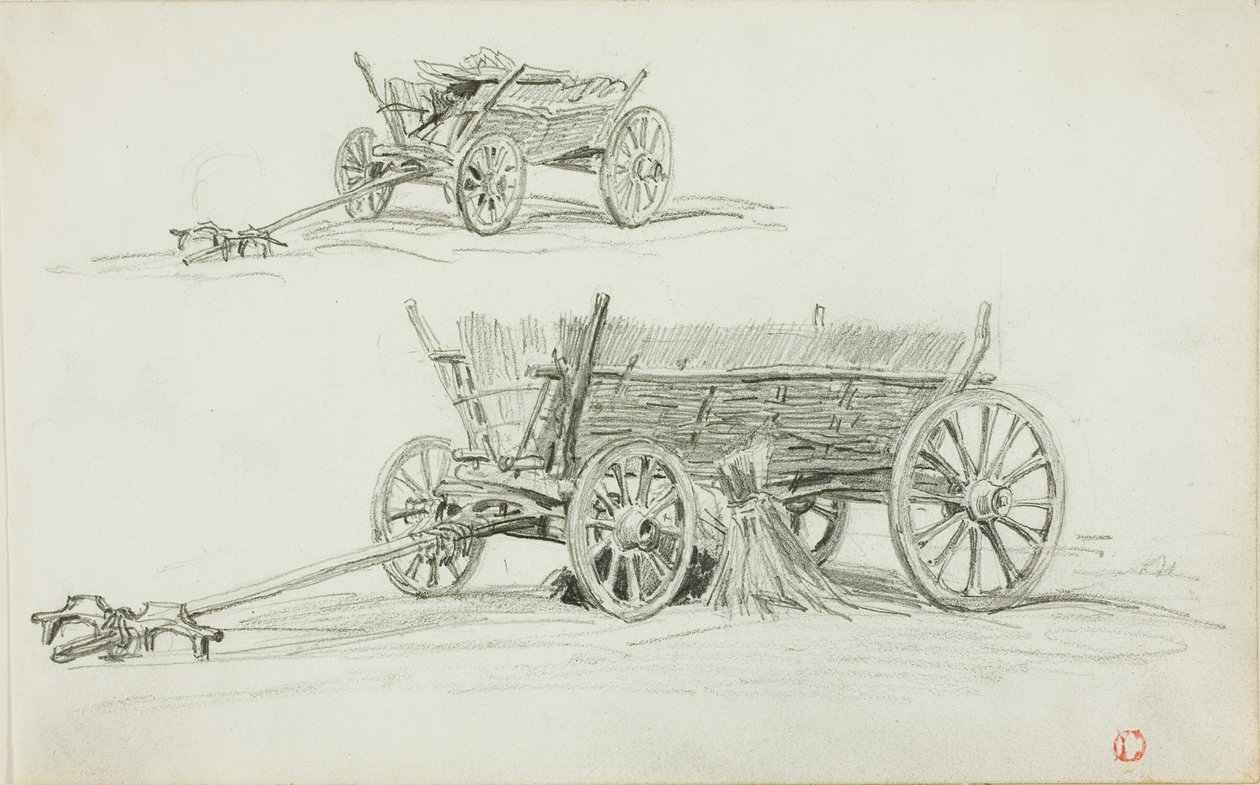 Twee schetsen van een ossenkarren door Charles Francois Daubigny