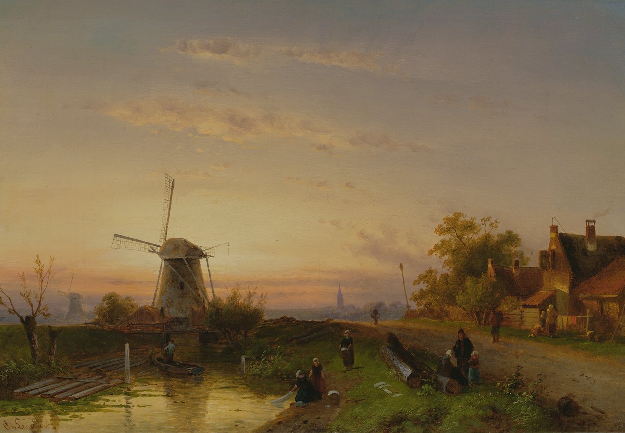 Molen bij zonsondergang door Charles Henri Joseph Leickert