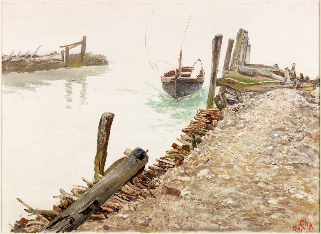 Bootje nadert een steiger door Charles Napier Hemy