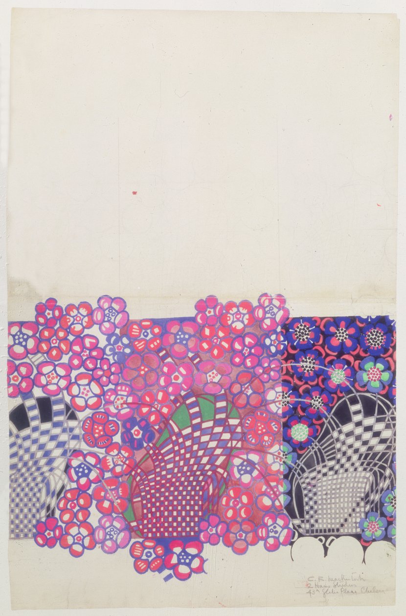 Blauw en roze tabaksbloemontwerp door Charles Rennie Mackintosh