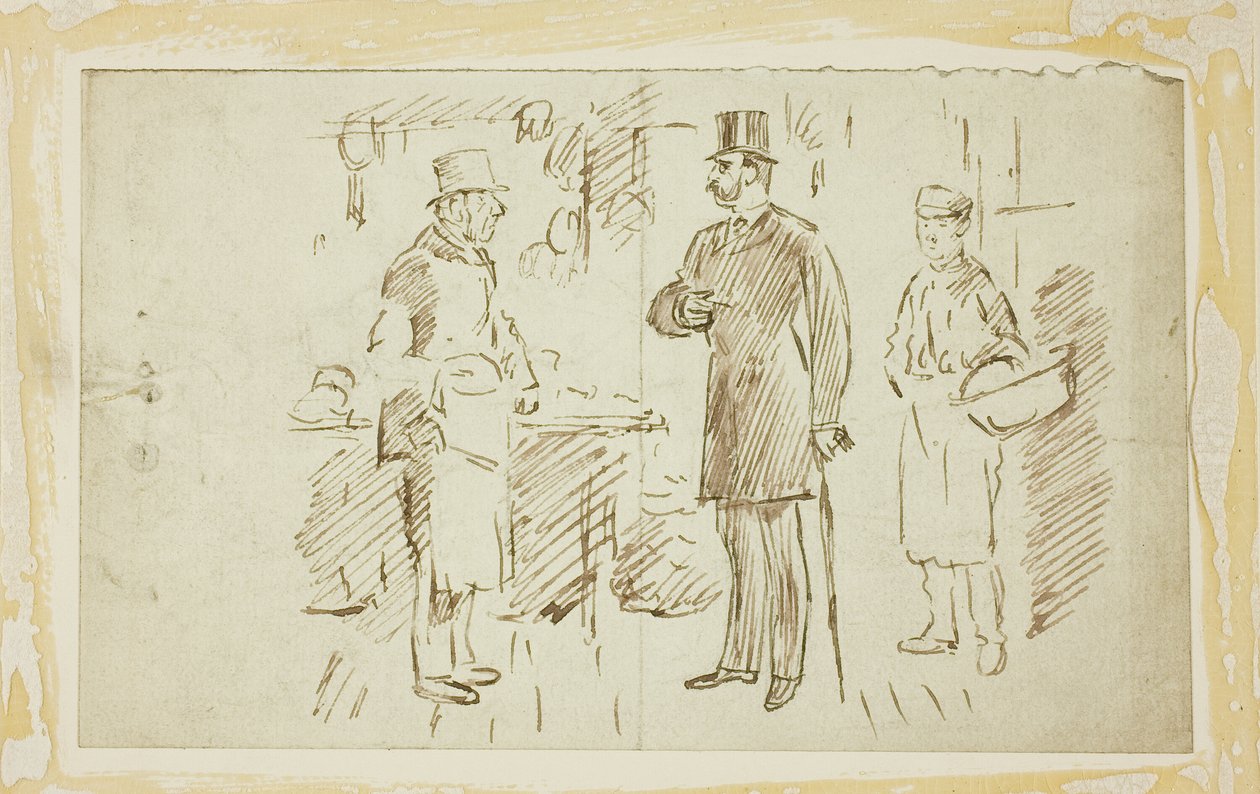 Heer in Hoge Hoed Spreekt Slager Toe door Charles Samuel Keene
