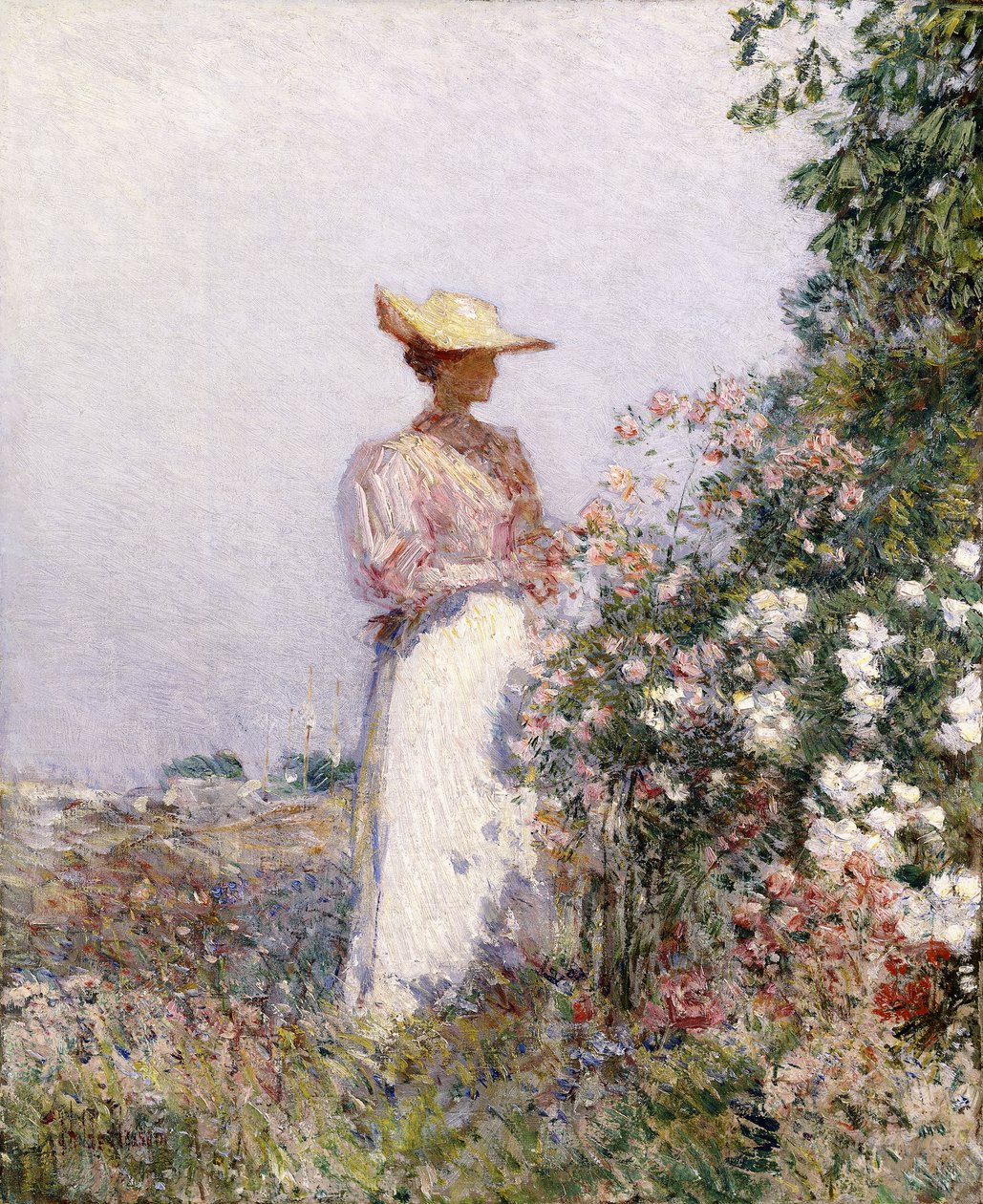 Dame in Bloementuin door Childe Frederick Hassam