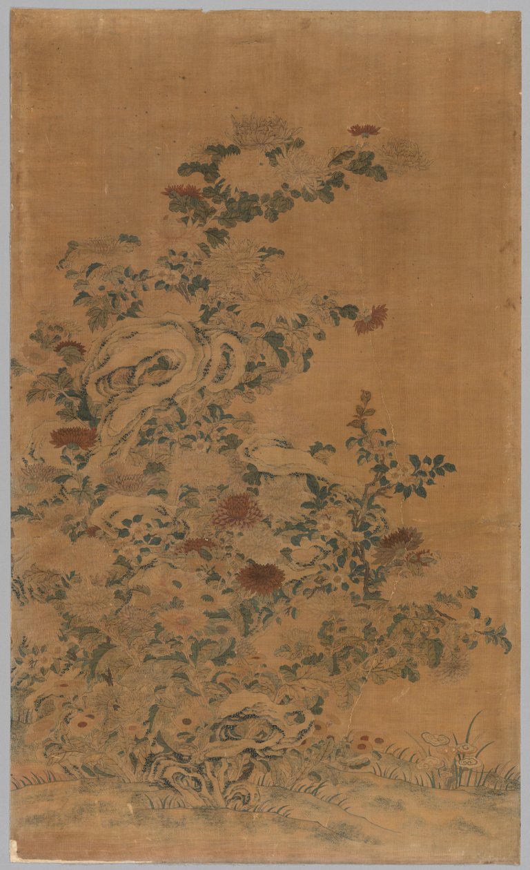 Kesi-paneel: Rotsen en Chrysanten door China, Qing dynasty