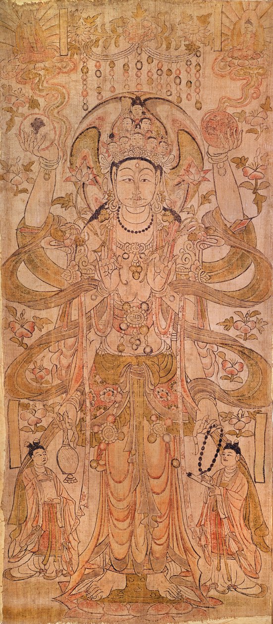Avalokiteshvara met negen hoofden en zes armen, uit Dunhuang, Gansu provincie, Tang-dynastie door Chinese School